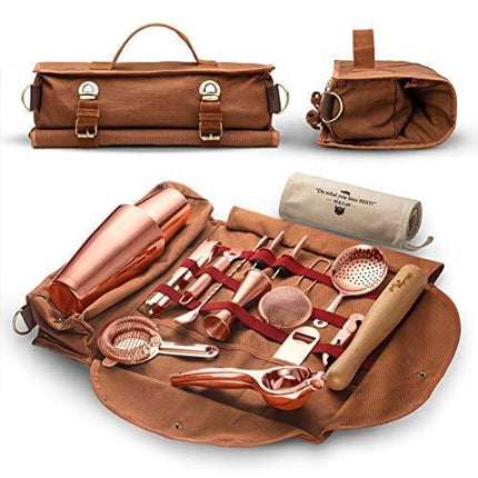 Travel Bartender Kit Bag | Professional 17-piece Copper Bar Tool Set with Stylish Portable Bar Bag and Shoulder Strap for Easy Carry and Storage | Best Rose Gold Travel Bar Set for Cocktail Making