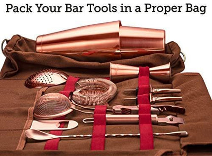 Travel Bartender Kit Bag | Professional 17-piece Copper Bar Tool Set with Stylish Portable Bar Bag and Shoulder Strap for Easy Carry and Storage | Best Rose Gold Travel Bar Set for Cocktail Making