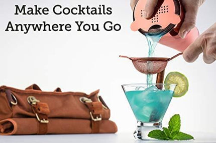 Travel Bartender Kit Bag | Professional 17-piece Copper Bar Tool Set with Stylish Portable Bar Bag and Shoulder Strap for Easy Carry and Storage | Best Rose Gold Travel Bar Set for Cocktail Making