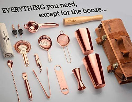 Travel Bartender Kit Bag | Professional 17-piece Copper Bar Tool Set with Stylish Portable Bar Bag and Shoulder Strap for Easy Carry and Storage | Best Rose Gold Travel Bar Set for Cocktail Making