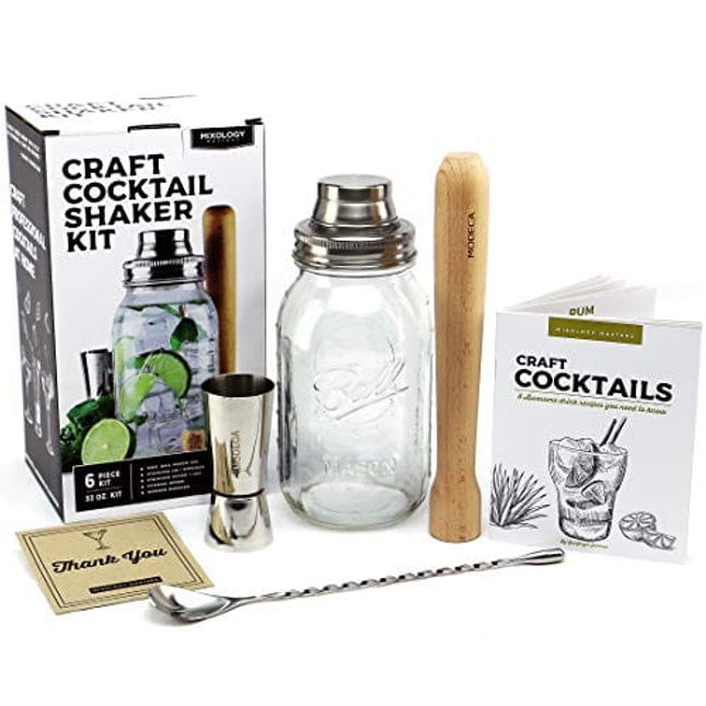 Premium Cocktail Shaker Kit Bar Gift Set with Mason Jar, Jigger, Spoon, Wooden Muddler, Recipe Book