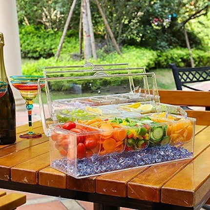 MJM condiment server, condiment tray, ice party serving bar, chilled caddy, bar garnish holder on ice, condiment dispenser, salad platter, compartment condiment tray with lid