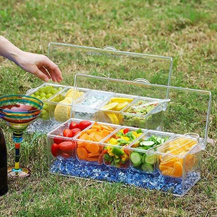MJM condiment server, condiment tray, ice party serving bar, chilled caddy, bar garnish holder on ice, condiment dispenser, salad platter, compartment condiment tray with lid