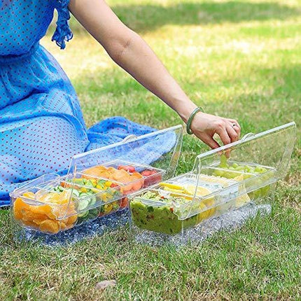 MJM condiment server, condiment tray, ice party serving bar, chilled caddy, bar garnish holder on ice, condiment dispenser, salad platter, compartment condiment tray with lid