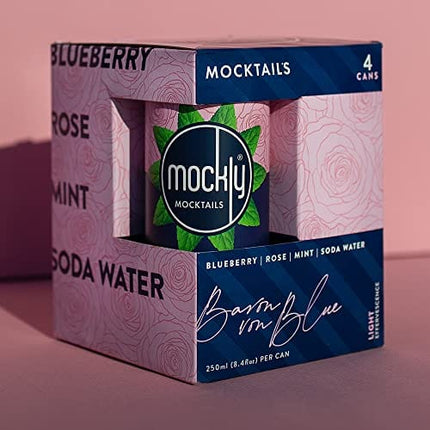 Mockly Baron von Blue Booze-Free Cocktail | Ready To Drink Non-Alcoholic Cocktail | Mocktail Drink Mixer | Blueberry Rose Mint Soda | Zero Proof | 4-Pack