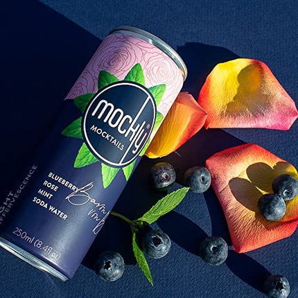 Mockly Baron von Blue Booze-Free Cocktail | Ready To Drink Non-Alcoholic Cocktail | Mocktail Drink Mixer | Blueberry Rose Mint Soda | Zero Proof | 4-Pack