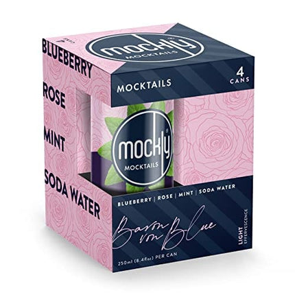 Mockly Baron von Blue Booze-Free Cocktail | Ready To Drink Non-Alcoholic Cocktail | Mocktail Drink Mixer | Blueberry Rose Mint Soda | Zero Proof | 4-Pack