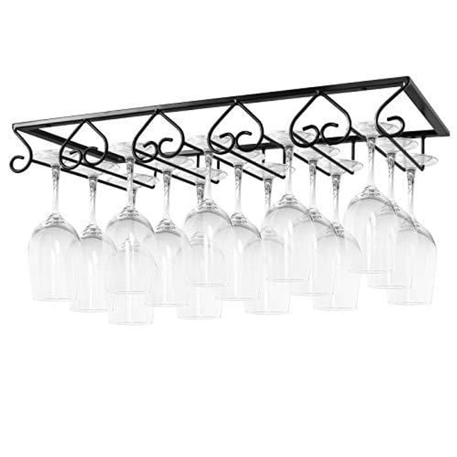 MOCOUM Wine Glasses Rack Under Cabinet Stemware Rack, Wine Glass Hanger Rack Wire Wine Glass Holder Storage Hanger for Cabinet Kitchen Bar (Black, 5 Rows 1 Pack)