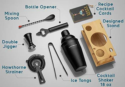Mixology Bartender Kit with Stand | Black Bar Set Cocktail Shaker Set for Drink Mixing - Bar Tools: Martini Shaker, Jigger, Strainer, Bar Mixer Spoon, Tongs, Opener | Best Bartender Kit for Beginners