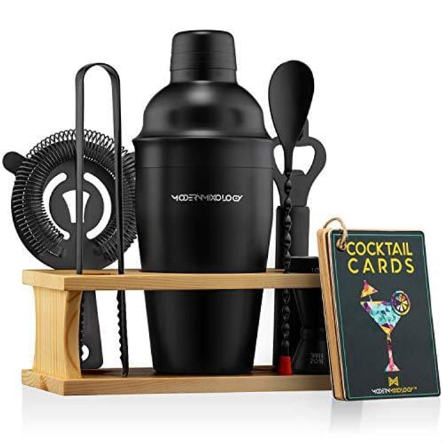 Mixology Bartender Kit with Stand | Black Bar Set Cocktail Shaker Set for Drink Mixing - Bar Tools: Martini Shaker, Jigger, Strainer, Bar Mixer Spoon, Tongs, Opener | Best Bartender Kit for Beginners