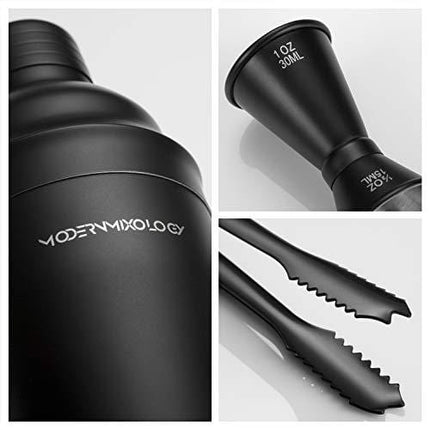 Mixology Bartender Kit with Stand | Black Bar Set Cocktail Shaker Set for Drink Mixing - Bar Tools: Martini Shaker, Jigger, Strainer, Bar Mixer Spoon, Tongs, Opener | Best Bartender Kit for Beginners