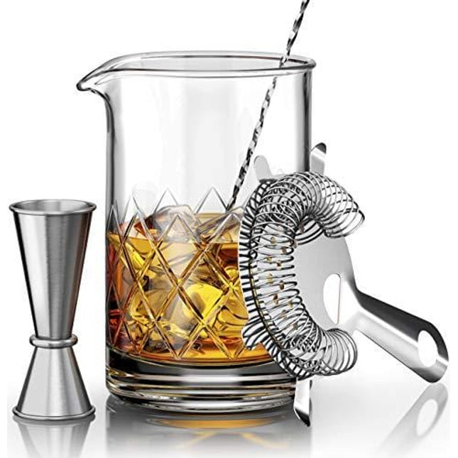 MOFADO Crystal Cocktail Mixing Glass Set - 4 Piece - 18oz 550ml Thick Bottom Crystal Mixing Glass, Spoon, Jigger, Strainer - Perfect for Amateurs & Pros - Makes a Great Gift