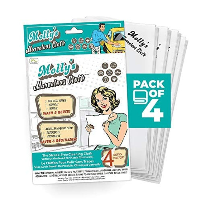 Molly's Marvelous Cloth, Streak-Free, Lint-Free Microfiber Cleaning Cloth, Polishing Cloth for Glass, Stainless Steel, Use for Kitchen, Bath, Cars, Detailing, Reusable (4pk, White)