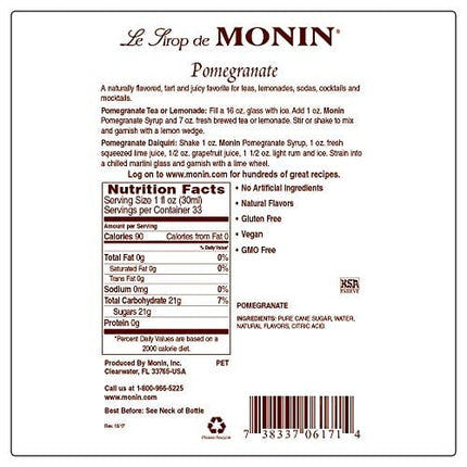 Monin - Pomegranate Syrup, Tart and Sweet, Great for Cocktails and Teas, Gluten-Free, Non-GMO (1 Liter)