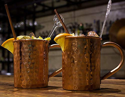 Moscow Mule Copper Mugs Set - FREE 2 Straws and Shot Glass - Set of 2 HandCrafted Food Safe Pure Solid Copper Mugs - Attractive GIFT BOX (Classic)