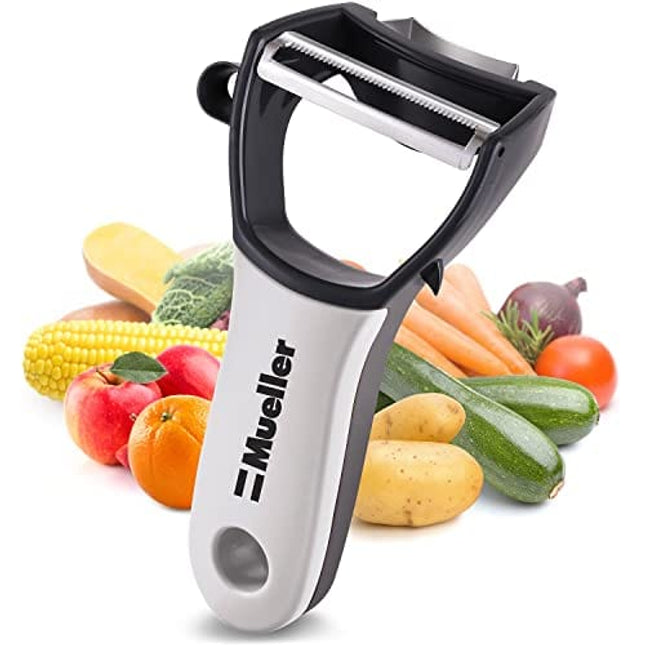 Mueller 4 in 1 Swift Julienne Vegetable Peeler - Citrus Fruit Peeler for Orange Lemon Cocktails - Carrot and Potato Peeler with Rotating Serrated Straight and Julienne Stainless Steel Slicer Blades