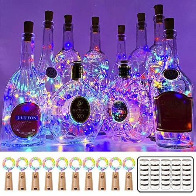 MUMUXI 10 Pack 20 LED Wine Bottle Lights with Cork, 3.3ft Silver Wire Cork Lights Battery Operated Fairy Mini String Lights for Liquor Bottles Crafts Party Wedding Halloween Christmas Decor,Colorful