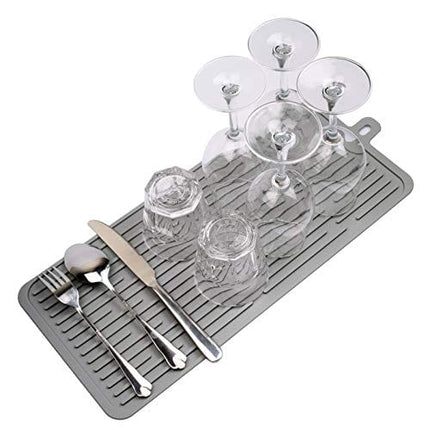Dish Mat Silicone Dish Drying Mats Works For Drying Stemware Cocktail Glasses Silverware Pots Pans Knives and Dish Rack for Kitchen Counter Sink Bar Pads Easy to Clean 17.3"*7.9"*0.2" (Gray)