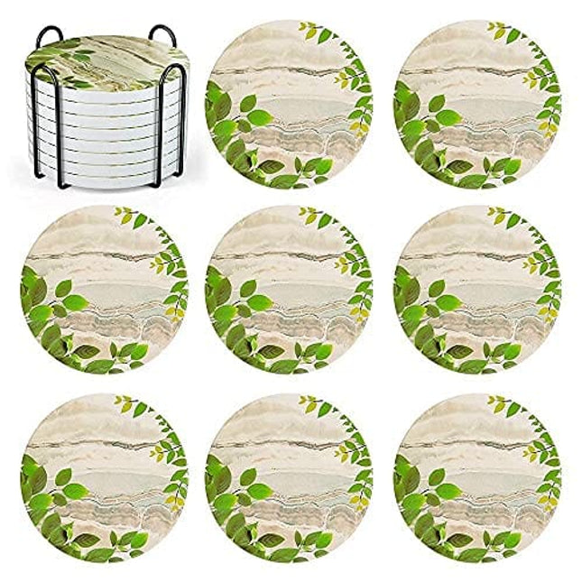 Coasters Set,Cute Green Leaf Ceramic Coaster,Coasters for Drinks Absorbent Funny,Coasters for Coffee Table,Coasters for Drinks Absorbent with Holder,The Best Gift for Friends Or Family
