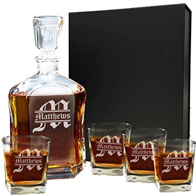 Personalized 5 pc Whiskey Decanter Set - Decanter and 4 Glasses Gift Set - Custom Engraved with Name and Initial