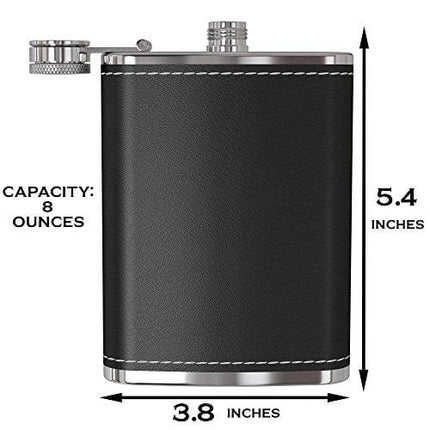 Flask for Liquor and Funnel - 8 Oz Leak Proof 18/8 Stainless Steel Pocket Hip Flask with Black Leather Cover for Discrete Shot Drinking of Alcohol, Whiskey, Rum and Vodka | Gift for Men