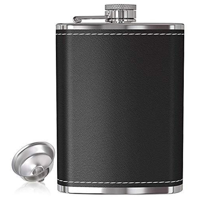 Flask for Liquor and Funnel - 8 Oz Leak Proof 18/8 Stainless Steel Pocket Hip Flask with Black Leather Cover for Discrete Shot Drinking of Alcohol, Whiskey, Rum and Vodka | Gift for Men