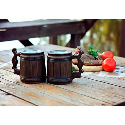Handmade Beer Mug Oak Wood Stainless Steel Cup Box Natural 0.3L 10oz Classic Brown