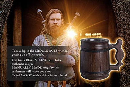 Handmade Beer Mug Oak Wood Stainless Steel Cup Box Natural 0.3L 10oz Classic Brown