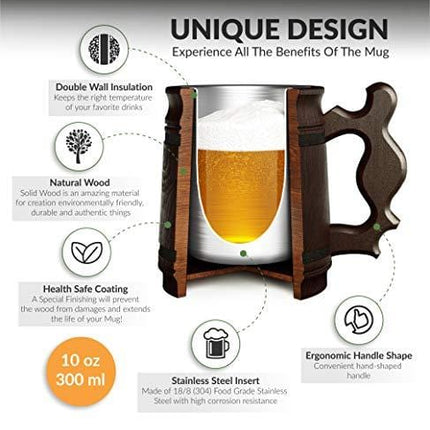 Handmade Beer Mug Oak Wood Stainless Steel Cup Box Natural 0.3L 10oz Classic Brown