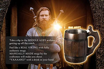 Handmade Beer Mug Oak Wood Stainless Steel Cup Natural Eco-Friendly 0.6 liters 20 ounces Barrel Brown