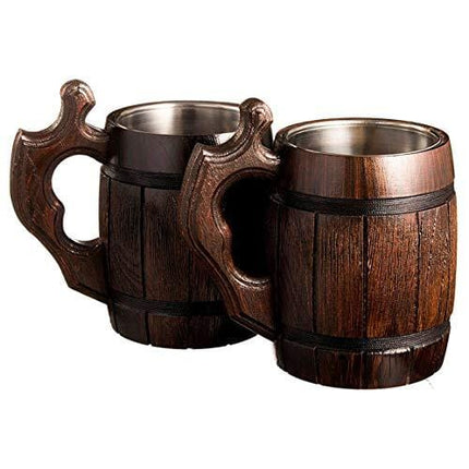 Handmade Beer Mug Oak Wood Stainless Steel Cup Natural Eco-Friendly 0.6 liters 20 ounces Barrel Brown