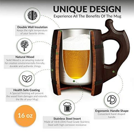 Handmade Beer Mug Oak Wood Stainless Steel Cup Natural Eco-Friendly 0.6 liters 20 ounces Barrel Brown