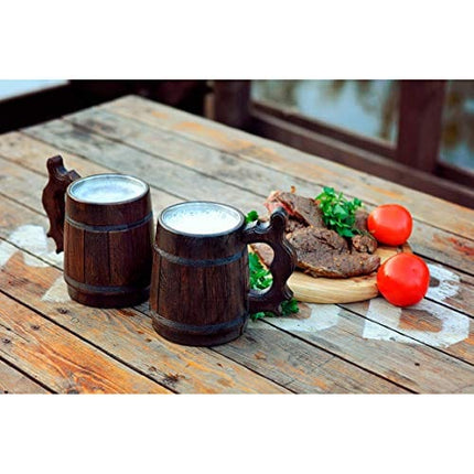MyFancyCraft Wood Beer Mug with Box Stainless Steel Cup Men Souvenir Handmade Retro Brown