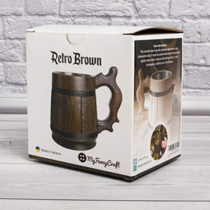 MyFancyCraft Wood Beer Mug with Box Stainless Steel Cup Men Souvenir Handmade Retro Brown