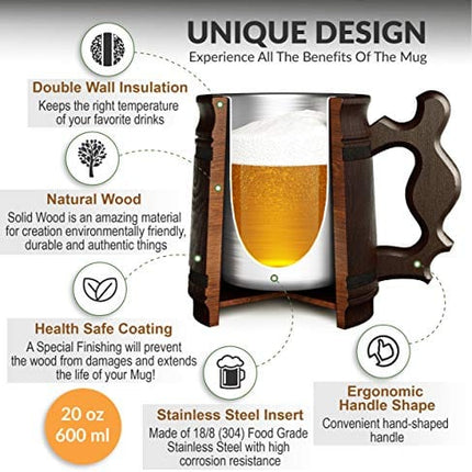 MyFancyCraft Wood Beer Mug with Box Stainless Steel Cup Men Souvenir Handmade Retro Brown