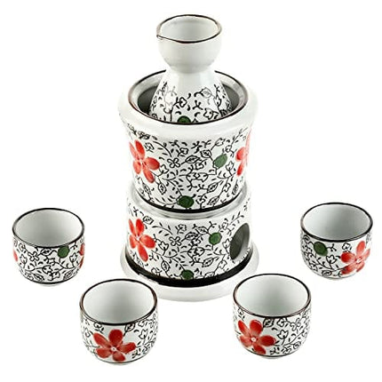 MyGift 7-Piece Ceramic Sake Warmer Hot Saki Set with Red Flower Design Includes Tokkuri Bottle Carafe, Ochoko Cups and Small Warmer Stove, Japanese Style Sake Wine Server Set