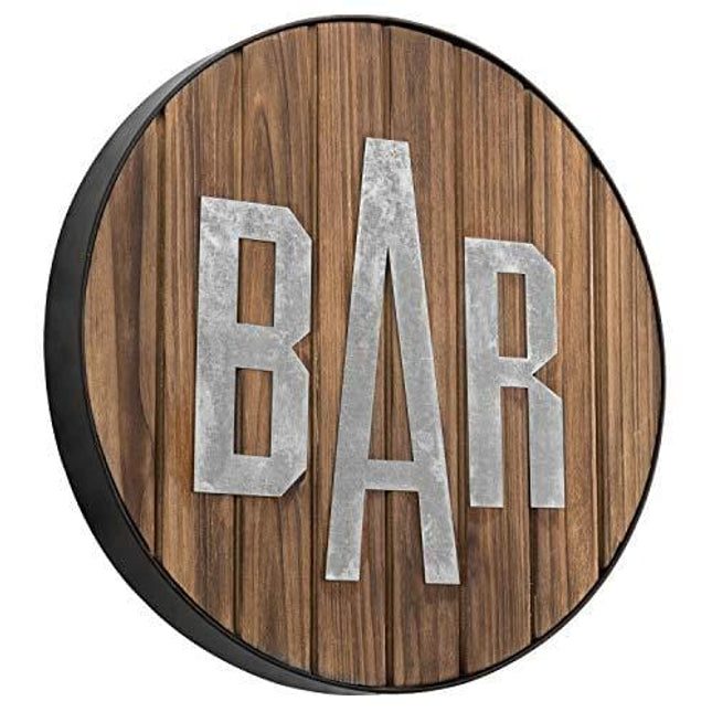MyGift Rustic Round Burnt Wood & Galvanized Bar Sign Wall Decor