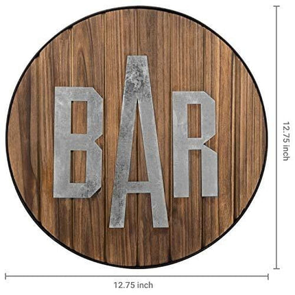 MyGift Rustic Round Burnt Wood & Galvanized Bar Sign Wall Decor