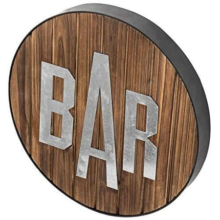 MyGift Rustic Round Burnt Wood & Galvanized Bar Sign Wall Decor
