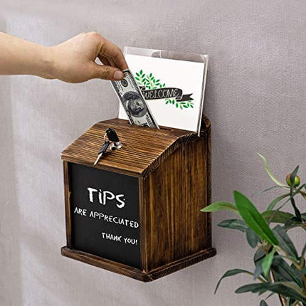 MyGift Rustic Burnt Wood Wall Mountable Restaurant Tip, Fundraising Donation Money Collection/Comment Ballot Box with Lock and Key, Clear Acrylic Sign Holder and Chalkboard Surface
