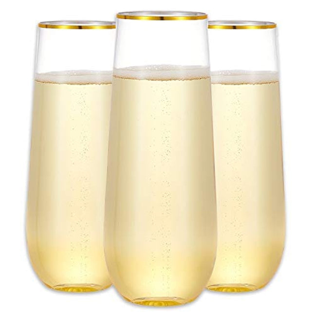 N9R 12 Pack Plastic Champagne Flutes, 9 oz Stemless Disposable Gold Rim Toasting Glasses, Crystal Clear Cocktail Cups Drinkware Shatterproof Ideal for Party Wedding Birthday