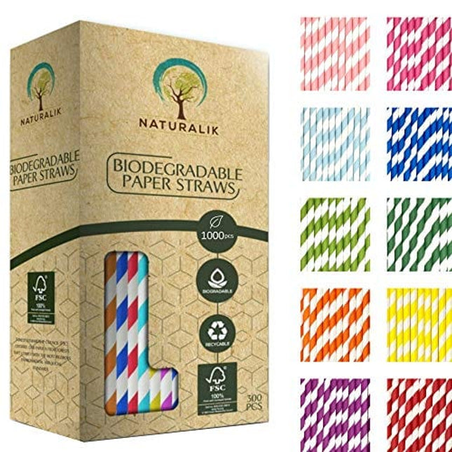 Naturalik 1000 Pack Multicolor Extra Durable Paper Straws Biodegradable - Premium Eco-Friendly Paper Straws Bulk- Drinking Straws for Juices, Restaurants and Party supplies, 7.7" (Multi-Color, 1000ct)