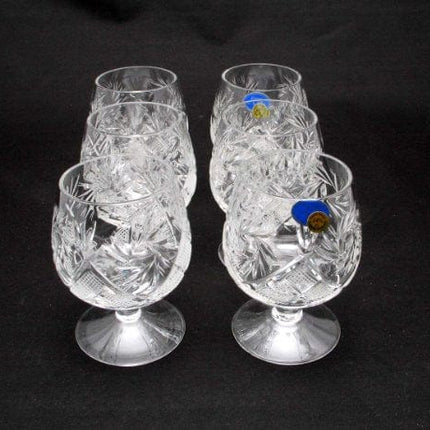 Set of 6 Russian Cut Crystal Cognac Brandy Whiskey Snifters Goblets, Handmade Glassware