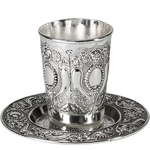 Tall Silver Plated Kiddush Cup - With Stem and Tray - Stemmed Shabbat and Havdalah Goblet - Judaica Shabbos and Holiday Gift - 7-Inch - By Ner Mitzvah