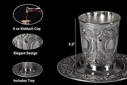 Tall Silver Plated Kiddush Cup - With Stem and Tray - Stemmed Shabbat and Havdalah Goblet - Judaica Shabbos and Holiday Gift - 7-Inch - By Ner Mitzvah