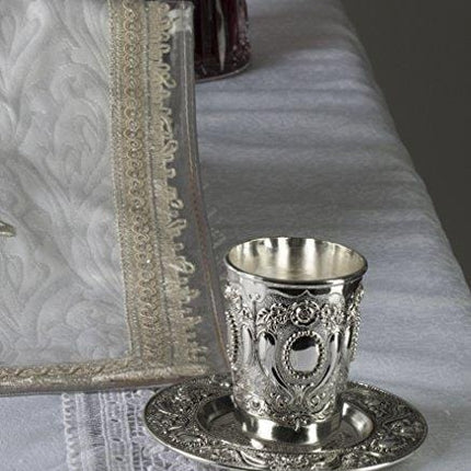 Tall Silver Plated Kiddush Cup - With Stem and Tray - Stemmed Shabbat and Havdalah Goblet - Judaica Shabbos and Holiday Gift - 7-Inch - By Ner Mitzvah
