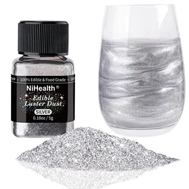 NiHealth Edible Glitter Powder Luster Dust Metallic Fancy Food Decorating Sprinkle Shimmery Brew Dust for Drink Wine Beverage Cake Candy Dessert Bakery Restaurant Vegan Allergen-Free (Silver, 5 g)