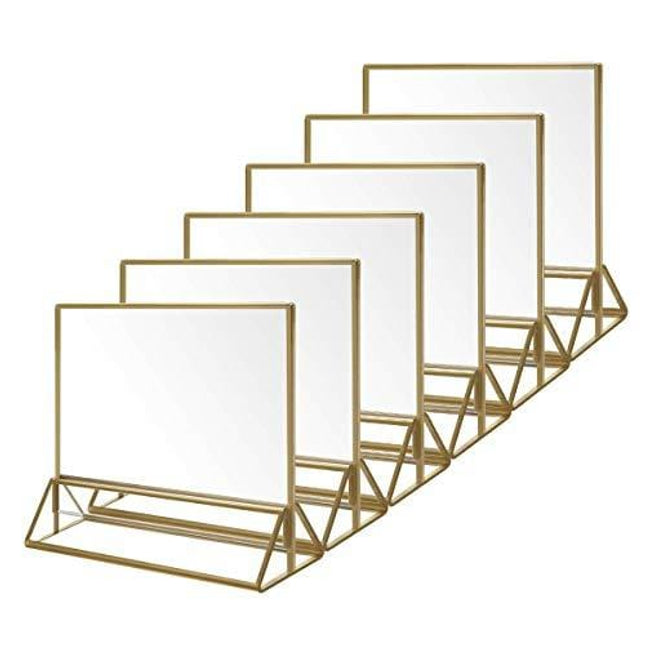 NIUBEE 6Pack 6 x 4 Horizontal Clear Acrylic Sign Holder with Gold Borders, Double Sided Table Menu Stands Picture Frames for Wedding Table Numbers, Restaurant Signs, Photos and Art Display