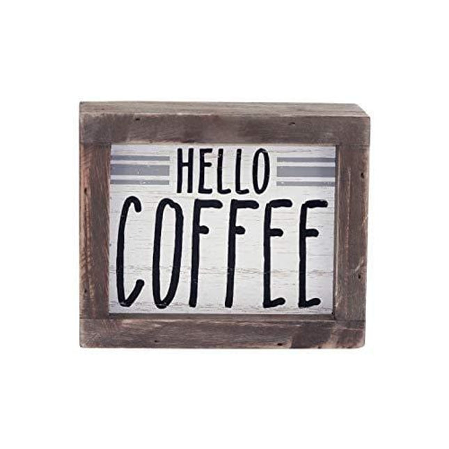 No/Brand Small Hello Coffee Wood Framed Tabletop Sign, Farmhouse Vintage Brown Wood Freestanding Coffee Sign, for Coffee Bar Office Kitchen Home Decor, 5-7/8"W x 2" D x 4-7/8"H