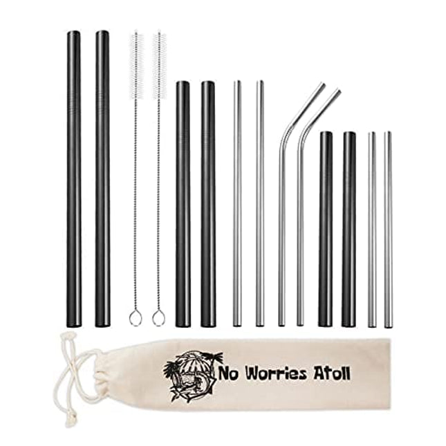 No Worries Atoll Reusable Metal Stainless Steel Straw Set of 12 Short 6” Cocktail 8.5” Smoothie and 10.5” Tumbler Drinking Straws Black and Silver Home Bar Backyard Essentials